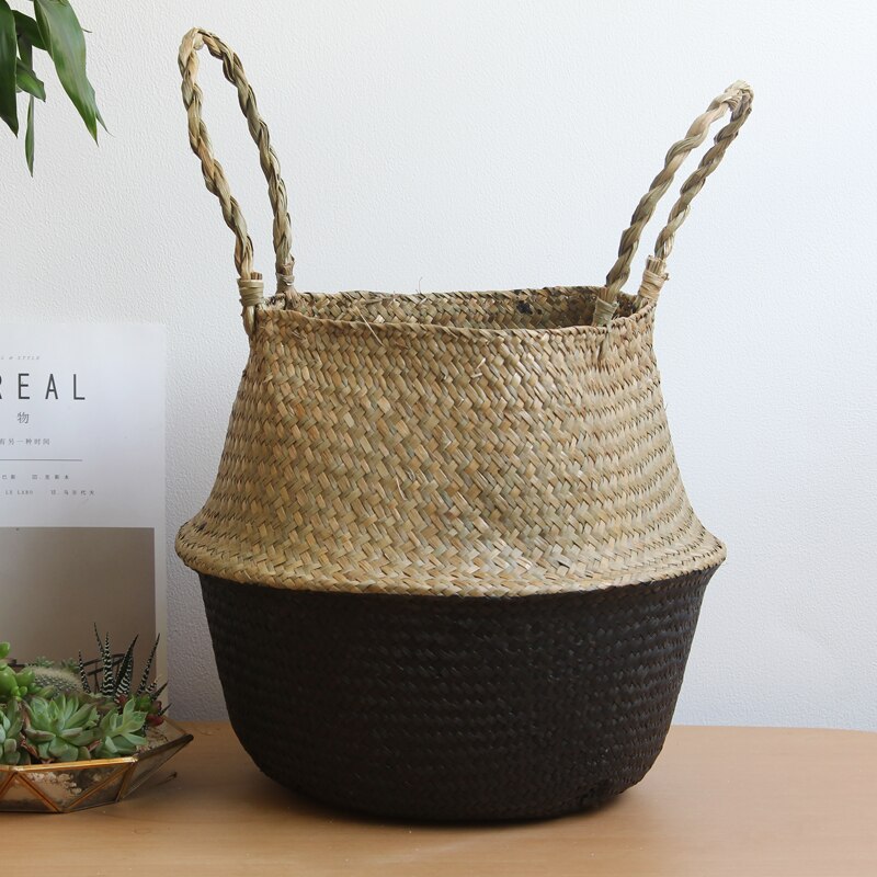 Seagrass Belly Storage Basket Handmade Straw Organizer Plant Pot Half Black Garden Flower Planter Nursery Basket