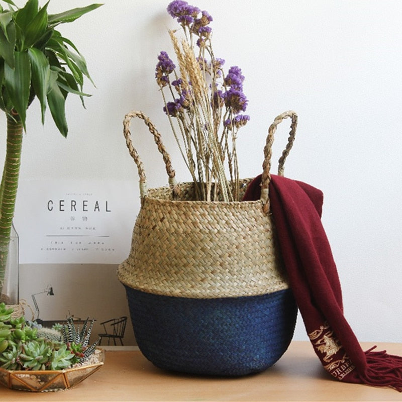 Seagrass Belly Storage Basket Handmade Straw Organizer Plant Pot Half Black Garden Flower Planter Nursery Basket