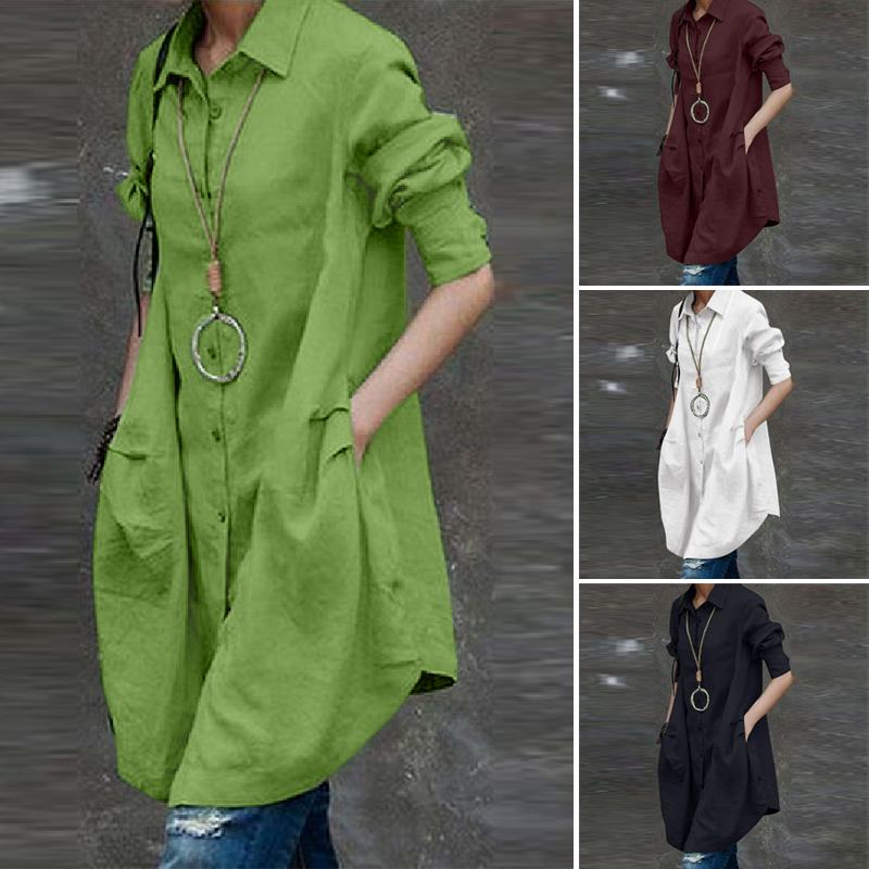 Women's Irregular Blouse ZANZEA 2023 Fashion Solid Shirts Casual Long Sleeve Blusas Female Button Pleated Tunic Tops Oversized