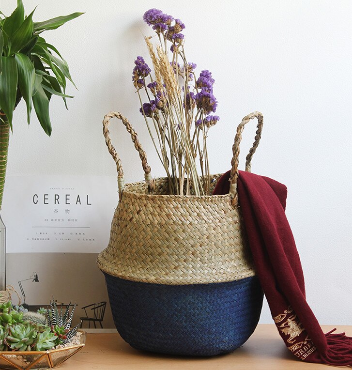 Seagrass Belly Storage Basket Handmade Straw Organizer Plant Pot Half Black Garden Flower Planter Nursery Basket