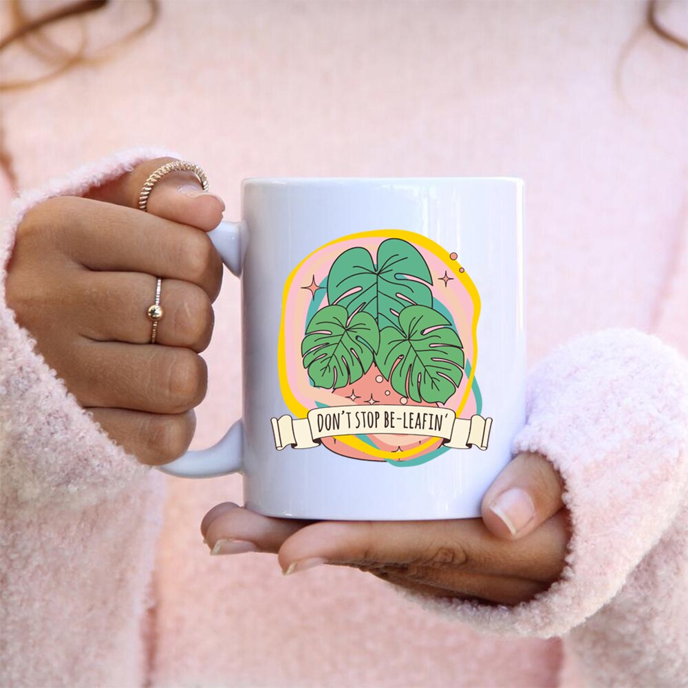 Dont Stop Beleafin Nordic Coffee Cups Monstera Deliciosa Leaf Plant Water Cup Quote Believe Juice Mug Plant Mug Colored Ceramics