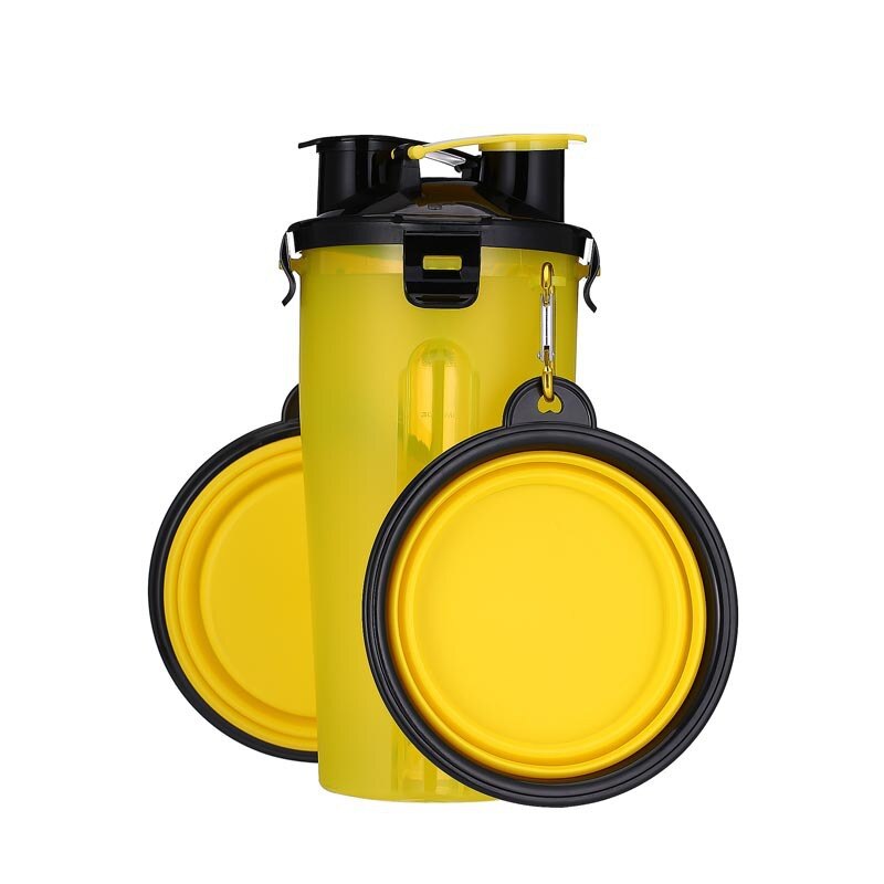 Travel Pet Feeder Dog Water Bottle Dispenser with Bowl Outdoor 2 in 1 Dog Mug Food Container for 350ml/12oz Water and 250g Snack