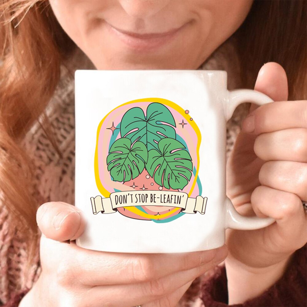 Dont Stop Beleafin Nordic Coffee Cups Monstera Deliciosa Leaf Plant Water Cup Quote Believe Juice Mug Plant Mug Colored Ceramics