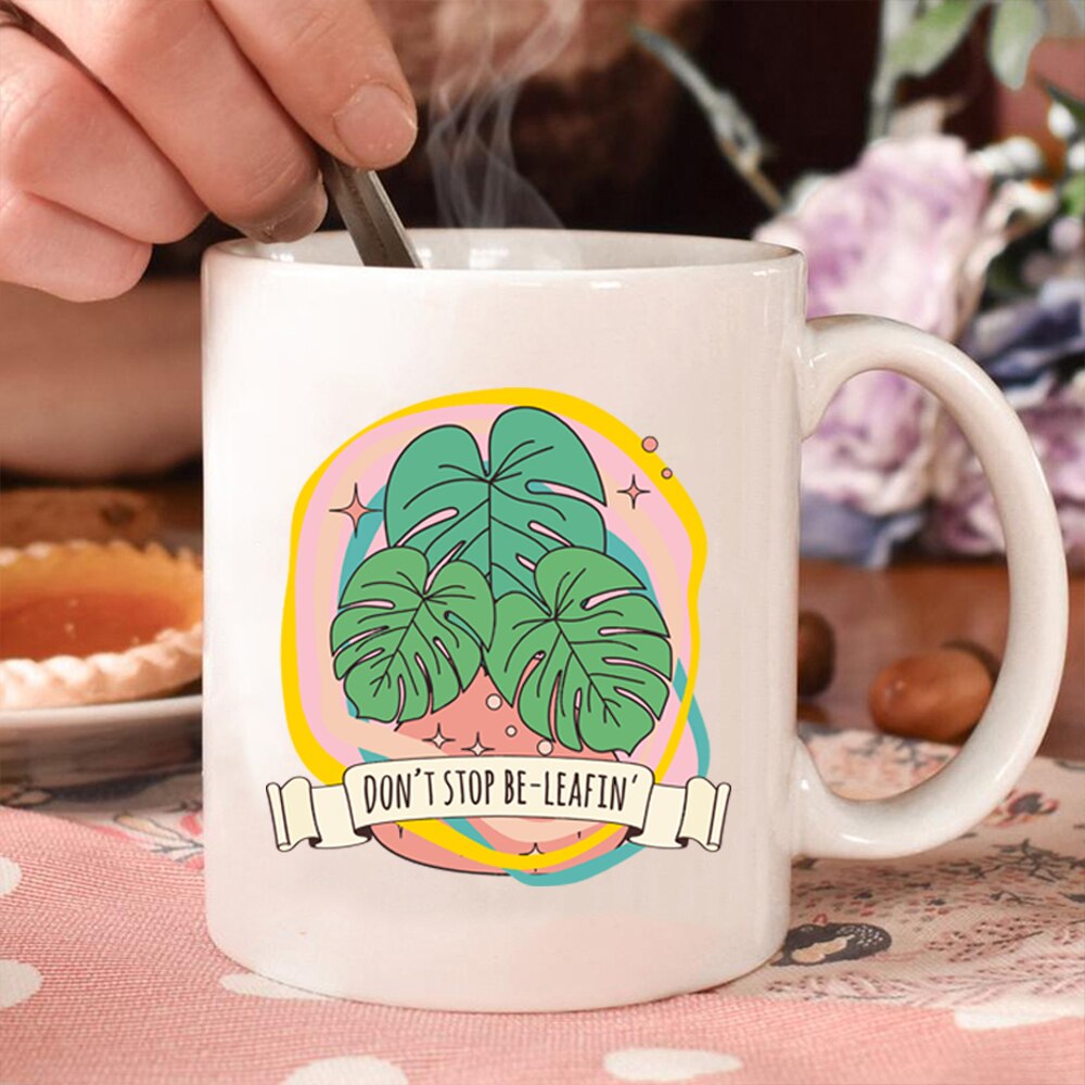 Dont Stop Beleafin Nordic Coffee Cups Monstera Deliciosa Leaf Plant Water Cup Quote Believe Juice Mug Plant Mug Colored Ceramics
