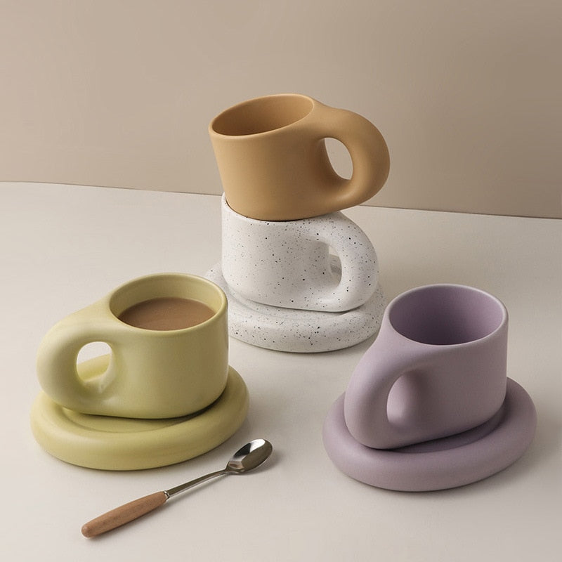 300ml Creative Handmade Fat Handle Mug and Oval Plate Personalized Ceramic Cup Saucer
