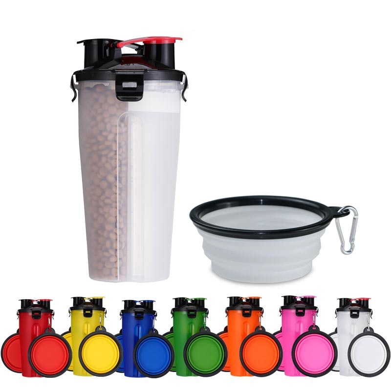 Travel Pet Feeder Dog Water Bottle Dispenser with Bowl Outdoor 2 in 1 Dog Mug Food Container for 350ml/12oz Water and 250g Snack