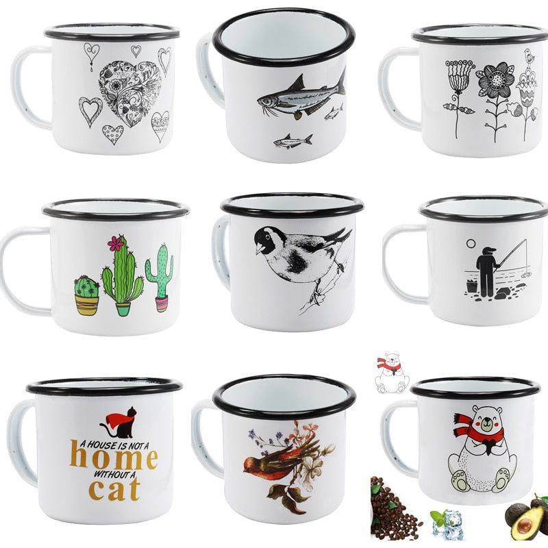 Free Shipping 350ml Enamel Coffee Mug Creative Animal Plant Breakfast Cup Black Roll Rim with Handgrip Milk Tea Cup