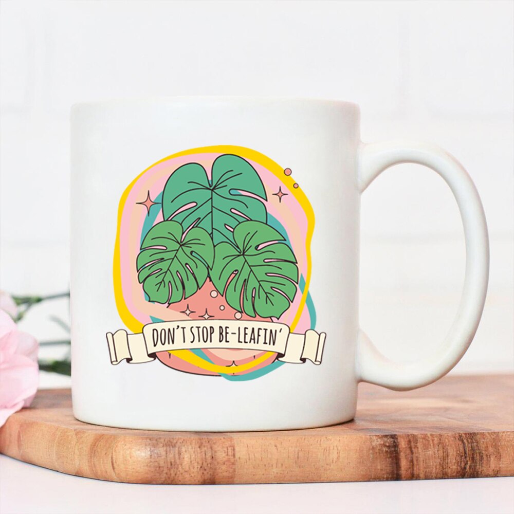 Dont Stop Beleafin Nordic Coffee Cups Monstera Deliciosa Leaf Plant Water Cup Quote Believe Juice Mug Plant Mug Colored Ceramics
