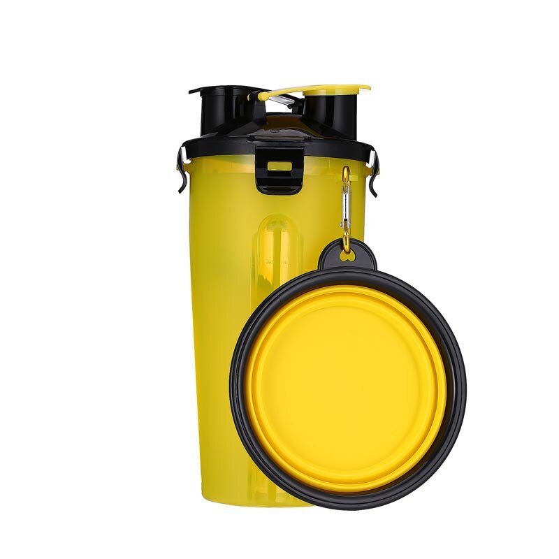 Travel Pet Feeder Dog Water Bottle Dispenser with Bowl Outdoor 2 in 1 Dog Mug Food Container for 350ml/12oz Water and 250g Snack