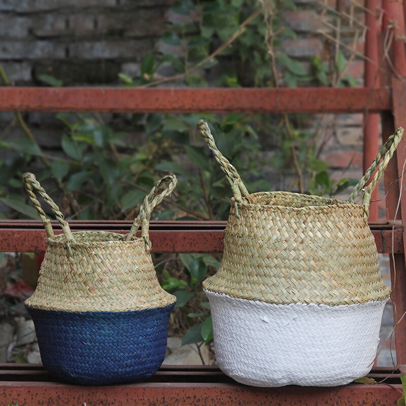 Seagrass Belly Storage Basket Handmade Straw Organizer Plant Pot Half Black Garden Flower Planter Nursery Basket