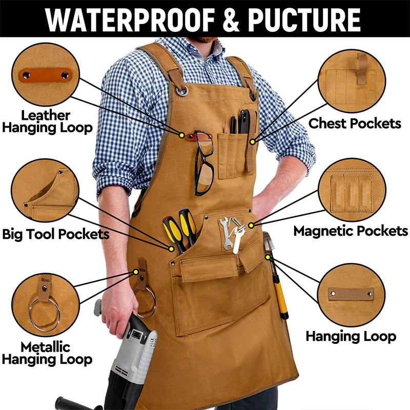 Canvas Work Apron With Tool Pocket - Heavy Duty Crossback Strap Adjustable Apron