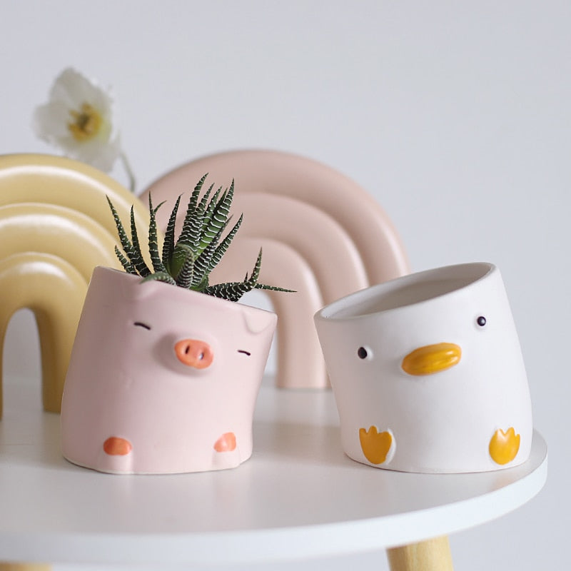 Cute Cartoon Animal Flower Pot Desktop Balcony Succulent Planting flowerpot Decoration Creative Crooked Duck and Pig Ceramic Pot