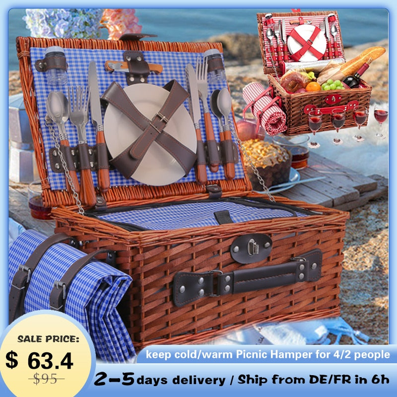 Picnic Basket Panier Osier Picnic Hamper 25 pcs For 4 People Picnic Suitcase Set Cutlery Ice Bag Organizers Wicker Basket