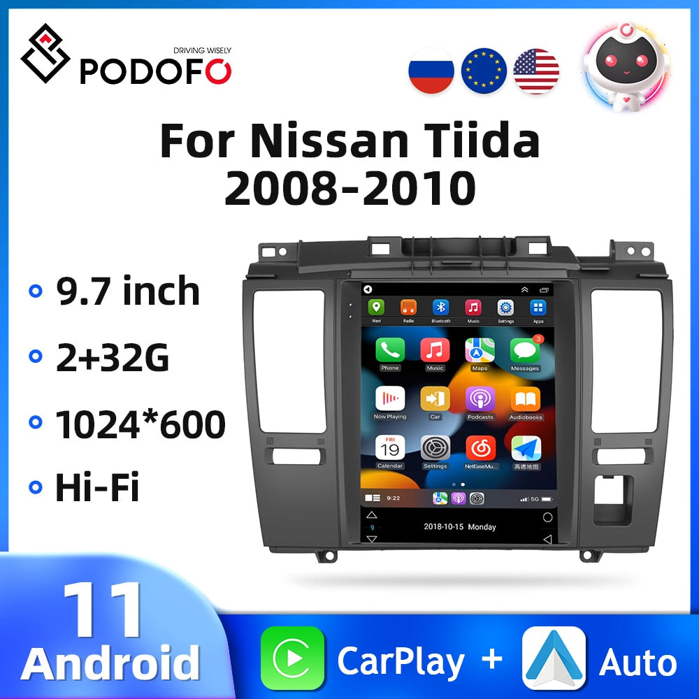 Podofo Android 11 Car Radio For Nissan Tiida 2008-2010 Multimedia Video Player Carplay Auto 9.7'' Autoradio GPS WIFI 256G DVD FM