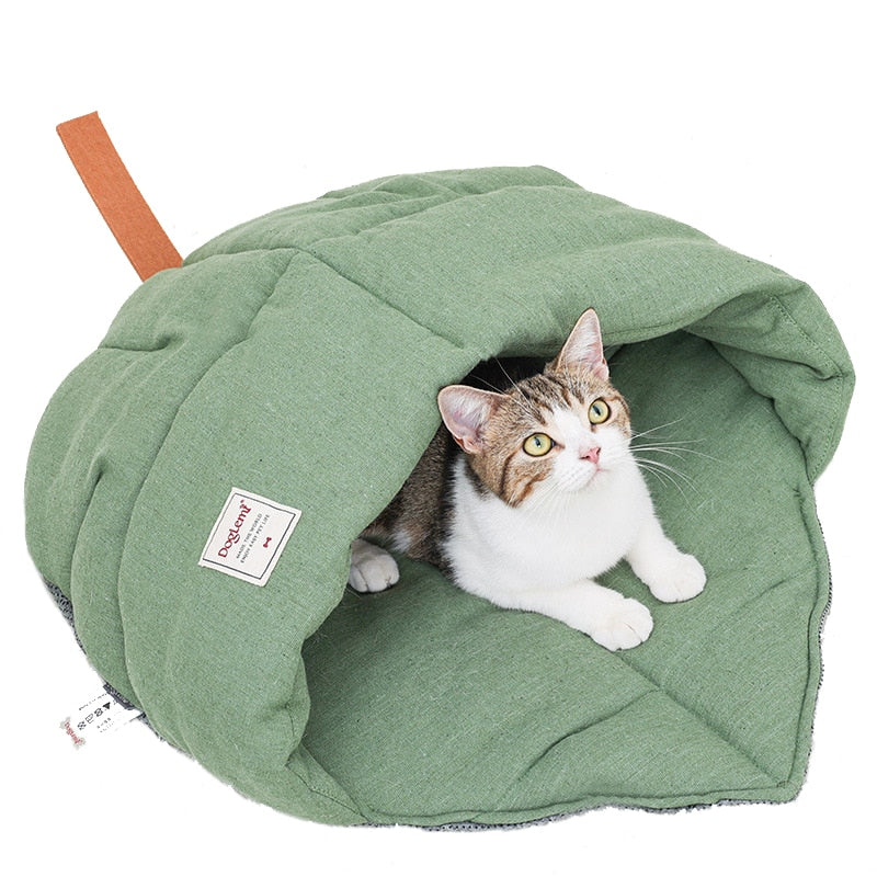 Cat Sleeping Bag, Linen Fabric Cat Bed Cave Leaf Nest, Soft Pet Bed with Non-Slip Bottom for Indoor Puppy and Kitten