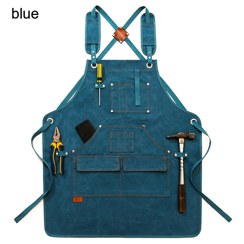 Canvas Work Apron With Tool Pocket - Heavy Duty Crossback Strap Adjustable Apron