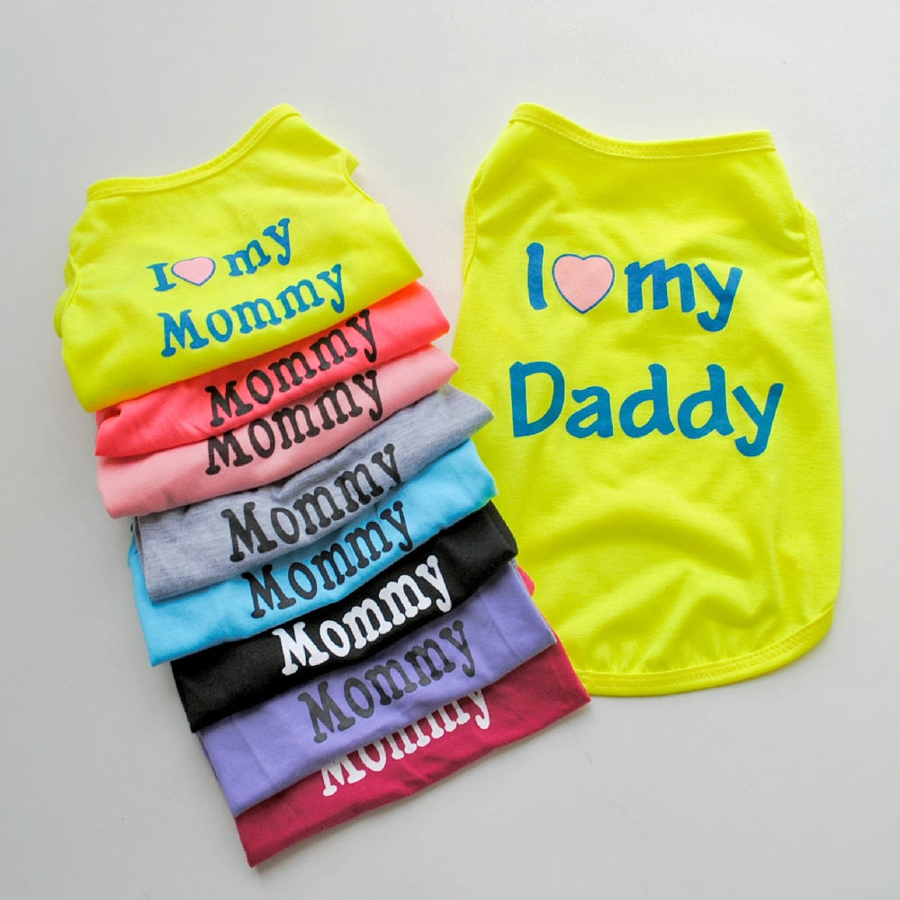 Cute Cotton Pet Clothes For Bichon Teddy Chiuaua Pink Black Bue Classic Love Mommy Daddy Pattern Dogs Vest T-Shirt Product