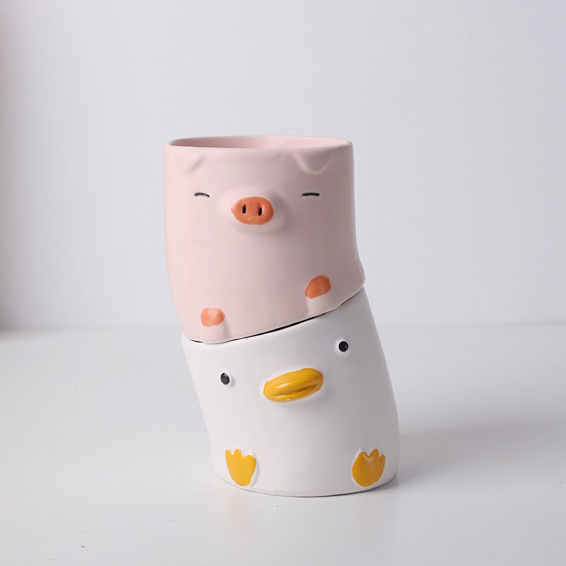Cute Cartoon Animal Flower Pot Desktop Balcony Succulent Planting flowerpot Decoration Creative Crooked Duck and Pig Ceramic Pot