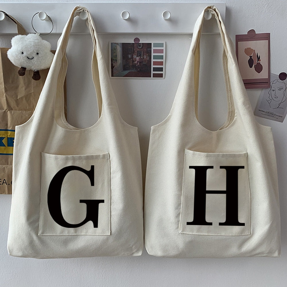Women Fashion Shopping Bag Street Casual Hobo Commuter Bag Initial Name Graphic Print Beige Ladies Tote Bag Canvas Repeatable