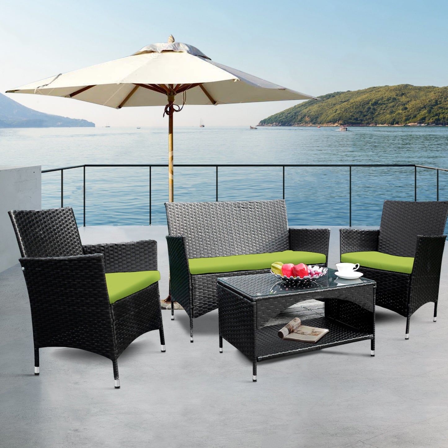 4PCS Patio Furniture Set Outdoor Garden Conversation Black Wicker 2 Armchairs+1 Double Sofa+1 Table w/Green Cushion