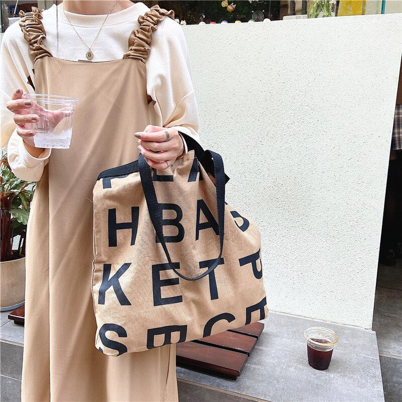 PURDORED 1 Pc Women Large Letter Shopping Bag Canvas Handbag Tote Messenger Casual Female Shoulder Bag Reusable Tote Bolsa