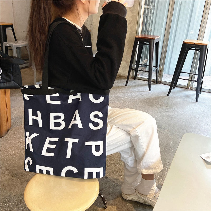 PURDORED 1 Pc Women Large Letter Shopping Bag Canvas Handbag Tote Messenger Casual Female Shoulder Bag Reusable Tote Bolsa