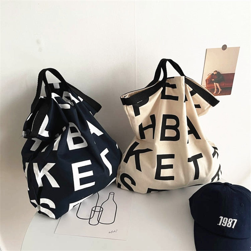 PURDORED 1 Pc Women Large Letter Shopping Bag Canvas Handbag Tote Messenger Casual Female Shoulder Bag Reusable Tote Bolsa