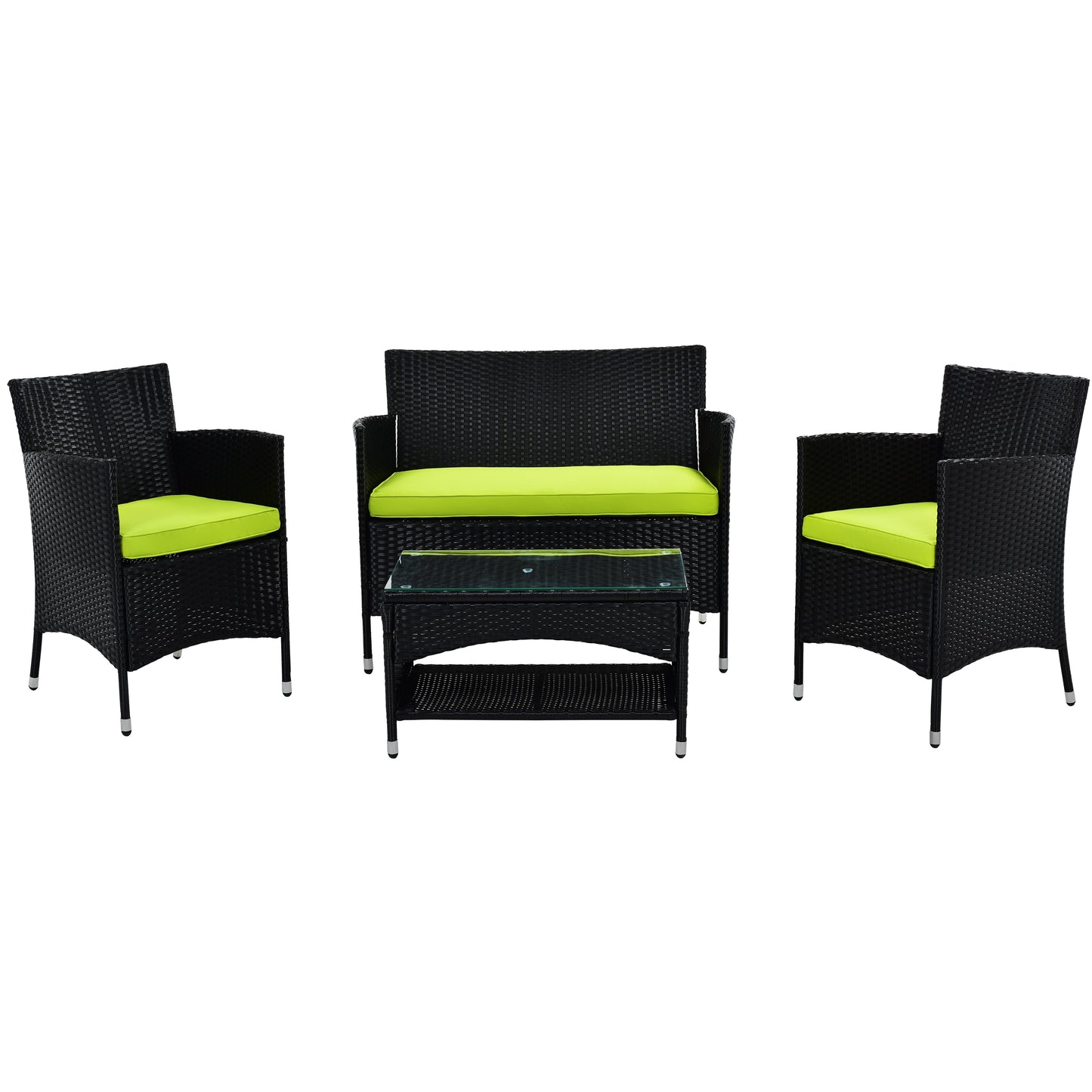 4PCS Patio Furniture Set Outdoor Garden Conversation Black Wicker 2 Armchairs+1 Double Sofa+1 Table w/Green Cushion