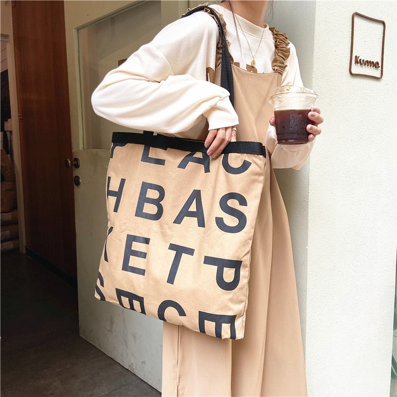 PURDORED 1 Pc Women Large Letter Shopping Bag Canvas Handbag Tote Messenger Casual Female Shoulder Bag Reusable Tote Bolsa