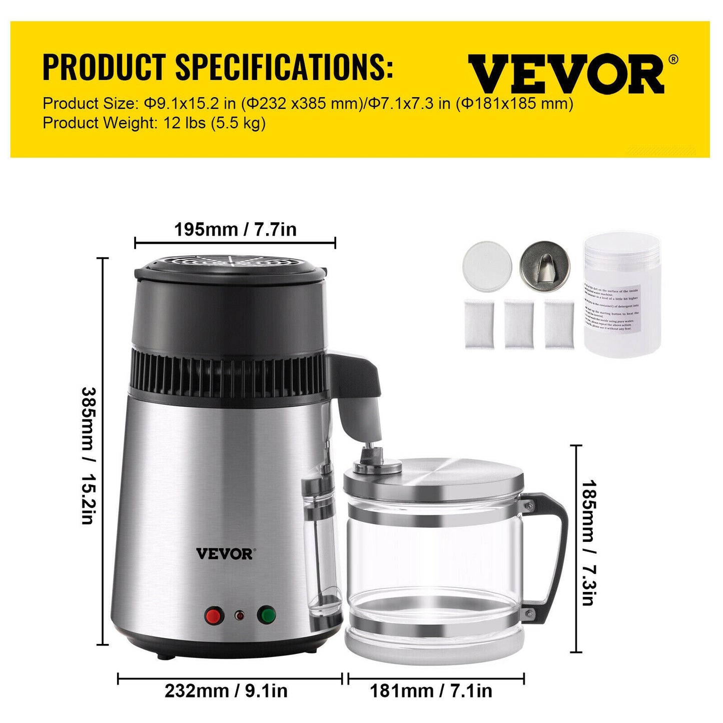 VEVOR 4L Water Distiller 304 Stainless Steel Home Distilled Water Bottle Drinking Dispenser Filter Dental Distillation Purifier