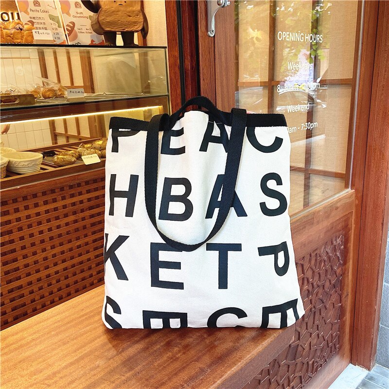 PURDORED 1 Pc Women Large Letter Shopping Bag Canvas Handbag Tote Messenger Casual Female Shoulder Bag Reusable Tote Bolsa