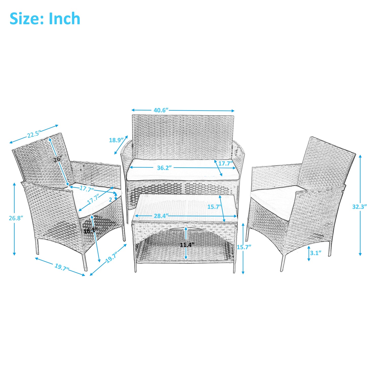 4PCS Patio Furniture Set Outdoor Garden Conversation Black Wicker 2 Armchairs+1 Double Sofa+1 Table w/Green Cushion