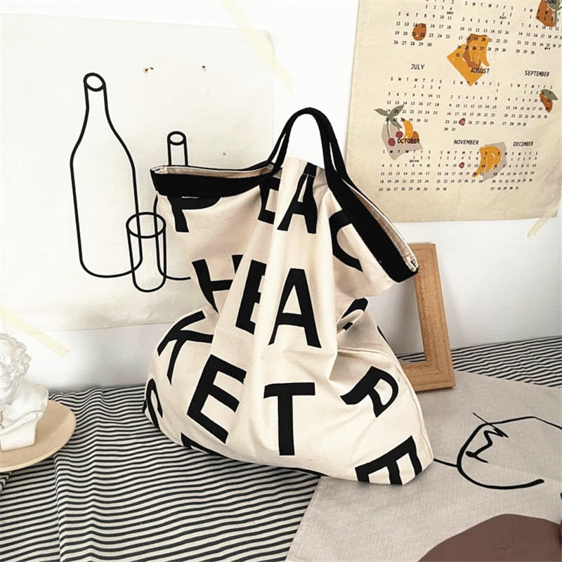 PURDORED 1 Pc Women Large Letter Shopping Bag Canvas Handbag Tote Messenger Casual Female Shoulder Bag Reusable Tote Bolsa