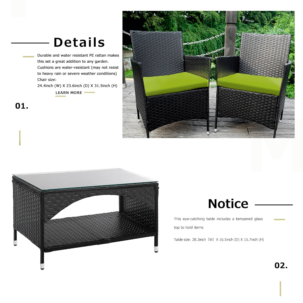 4PCS Patio Furniture Set Outdoor Garden Conversation Black Wicker 2 Armchairs+1 Double Sofa+1 Table w/Green Cushion