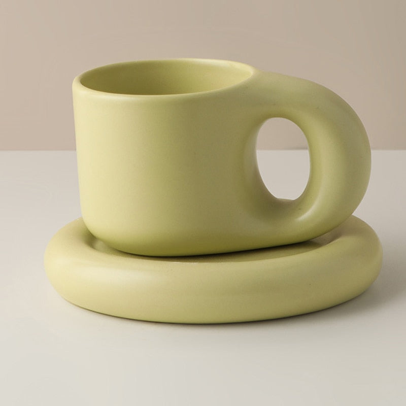 300ml Creative Handmade Fat Handle Mug and Oval Plate Personalized Ceramic Cup Saucer