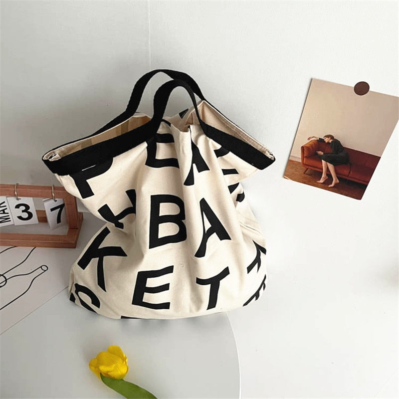 PURDORED 1 Pc Women Large Letter Shopping Bag Canvas Handbag Tote Messenger Casual Female Shoulder Bag Reusable Tote Bolsa