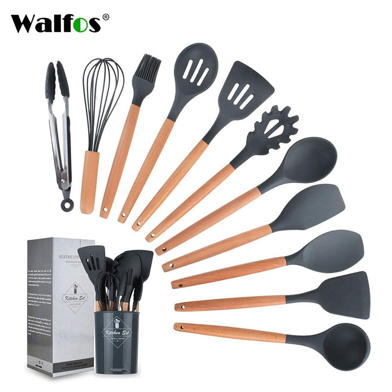 WALFOS Kitchen Tools Natural Beech Wood Handle Silicone Kitchen Utensil Set Silicone Cooking Tools Set Utensils Set