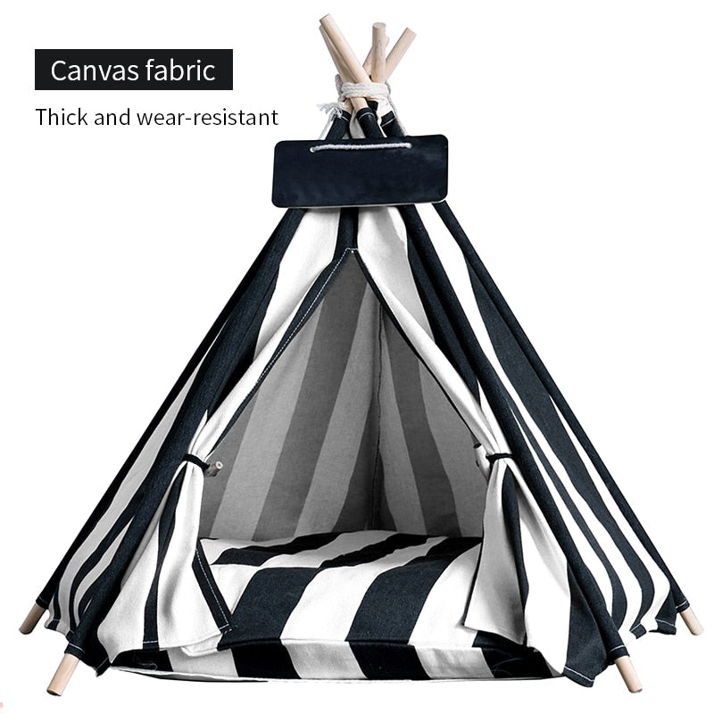 Pet Teepee Dog Cat Bed White Canvas Dog Cute House Portable Removable and Washable Dog Tents for Dog Puppy Cat (with Cushion)