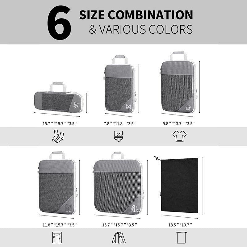 3/6PCS Compressed Packing Cubes Travel Storage Organizer Set With Shoe Bag Mesh with Visuals