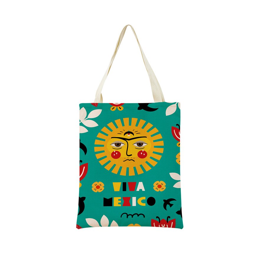 Mexico Geometric Pattern Double Sided Print Eco Market Linen Shopping Bag Outdoor Foldable Portable Convenient Storage Tote