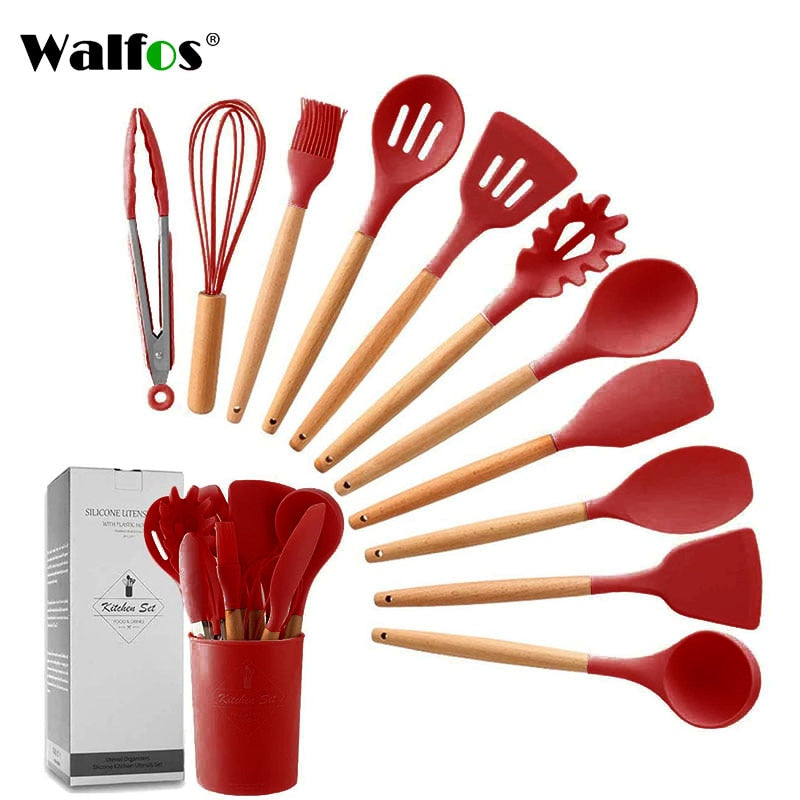 WALFOS Kitchen Tools Natural Beech Wood Handle Silicone Kitchen Utensil Set Silicone Cooking Tools Set Utensils Set