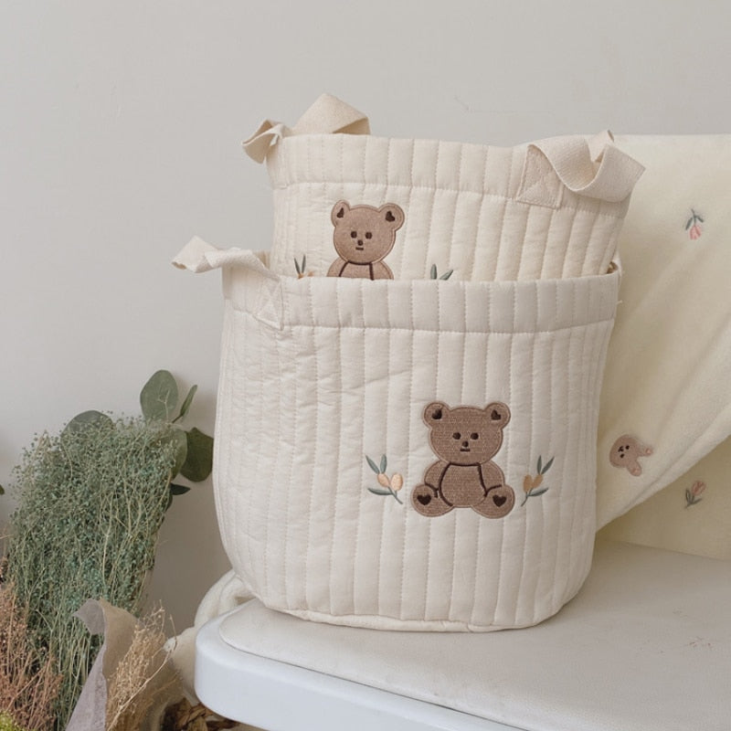 INS Baby Bags Cute Bear Embroidery Diaper Bag Caddy Nappy Cart Storage Mummy Maternity Bag for Newborn Diapers Toys Organizers