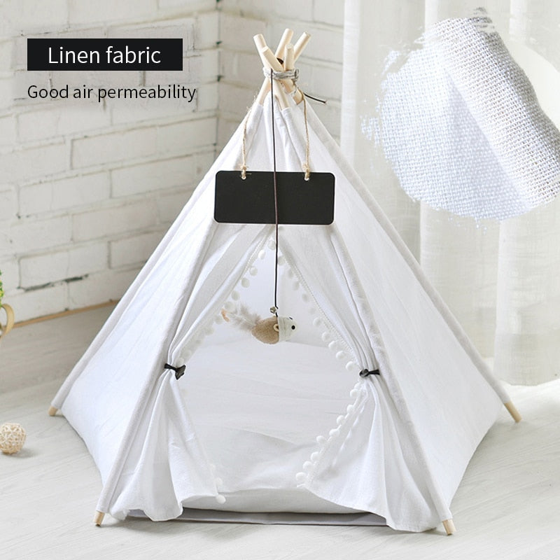 Pet Teepee Dog Cat Bed White Canvas Dog Cute House Portable Removable and Washable Dog Tents for Dog Puppy Cat (with Cushion)