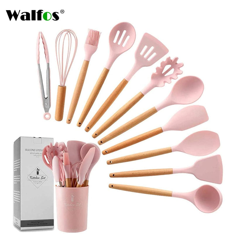 WALFOS Kitchen Tools Natural Beech Wood Handle Silicone Kitchen Utensil Set Silicone Cooking Tools Set Utensils Set