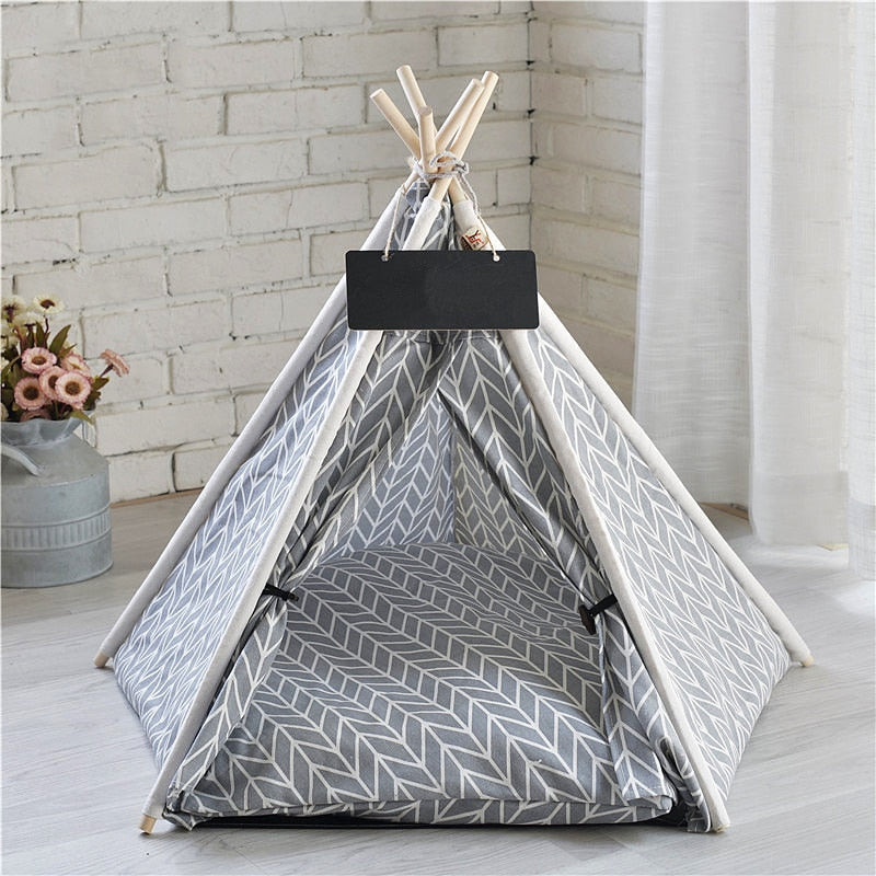 Pet Teepee Dog Cat Bed White Canvas Dog Cute House Portable Removable and Washable Dog Tents for Dog Puppy Cat (with Cushion)