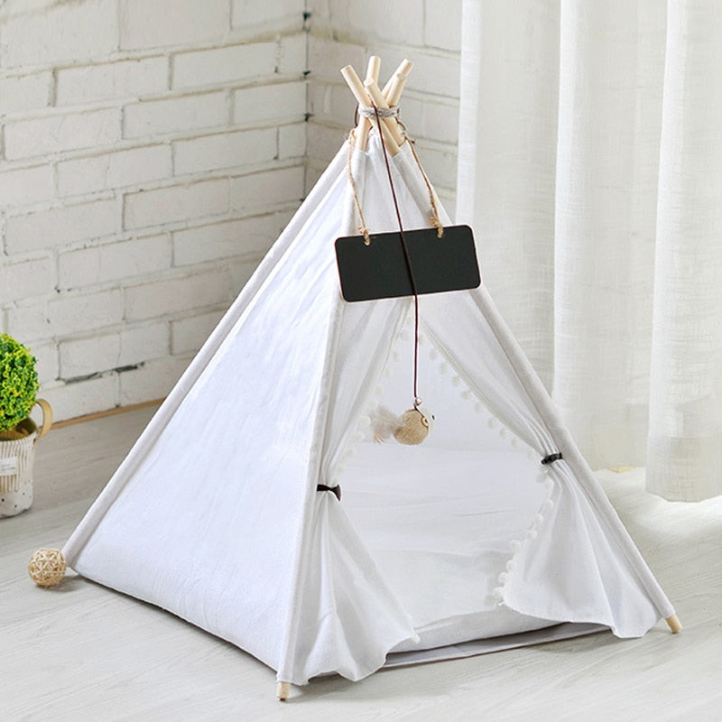 Pet Teepee Dog Cat Bed White Canvas Dog Cute House Portable Removable and Washable Dog Tents for Dog Puppy Cat (with Cushion)