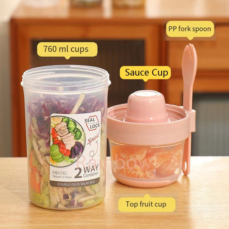 Breakfast Oatmeal Cereal Nut Yogurt Salad Cup Seal Container Set With Fork Sauce Cup Lid Bento Tuppers Food Taper Bowl Lunch Box