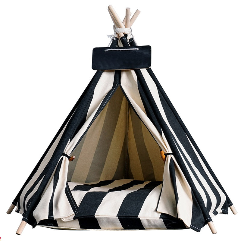 Pet Teepee Dog Cat Bed White Canvas Dog Cute House Portable Removable and Washable Dog Tents for Dog Puppy Cat (with Cushion)