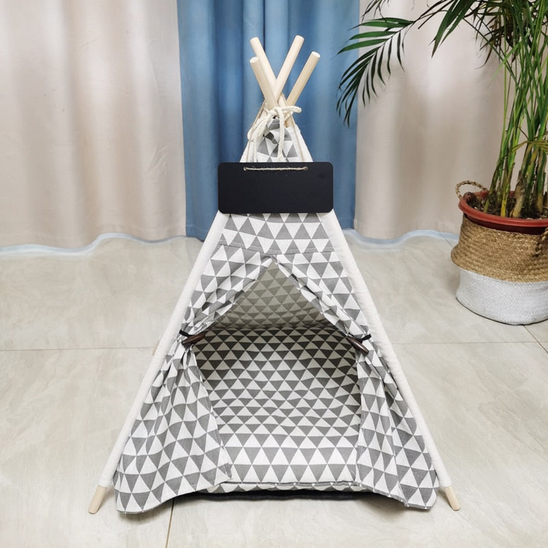 Pet Teepee Dog Cat Bed White Canvas Dog Cute House Portable Removable and Washable Dog Tents for Dog Puppy Cat (with Cushion)