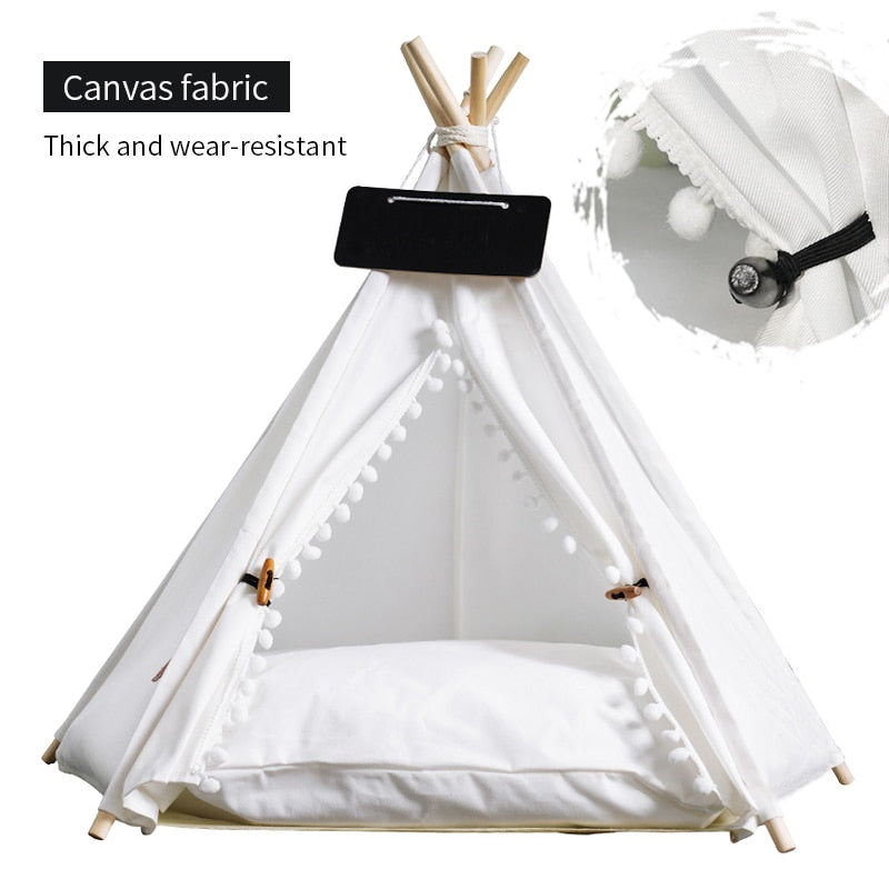 Pet Teepee Dog Cat Bed White Canvas Dog Cute House Portable Removable and Washable Dog Tents for Dog Puppy Cat (with Cushion)